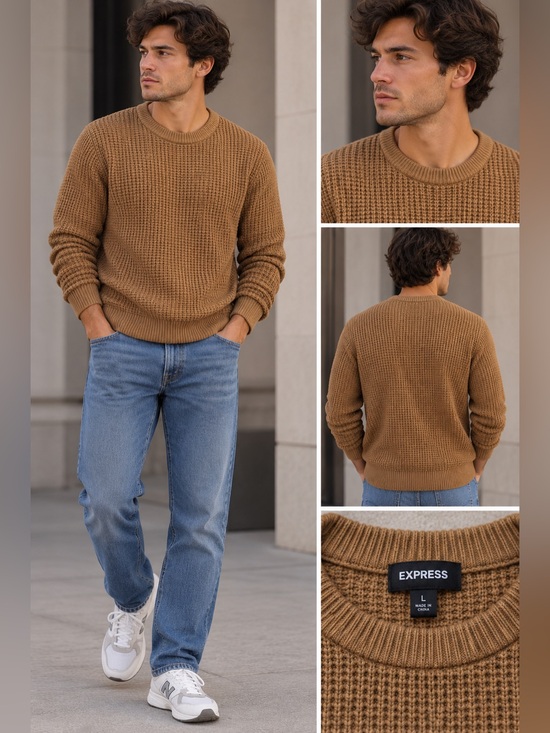 Express Other - Express Waffle Knit Cotton Crewneck Sweater Camel Sz L